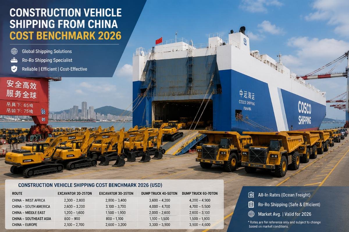 A loaded ro-ro vessel docked at a Chinese heavy machinery terminal, with excavators and dump trucks lined up for loading