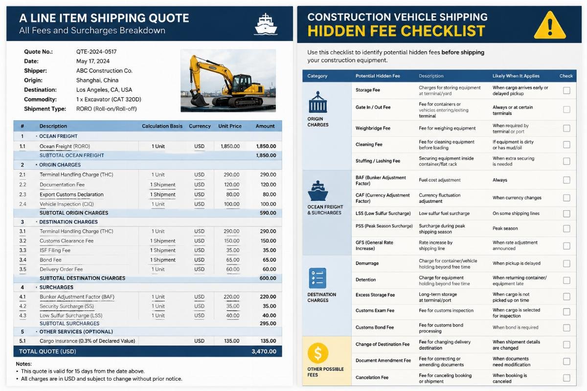 A line item shipping quote document with clear breakdowns of all fees and surcharges
