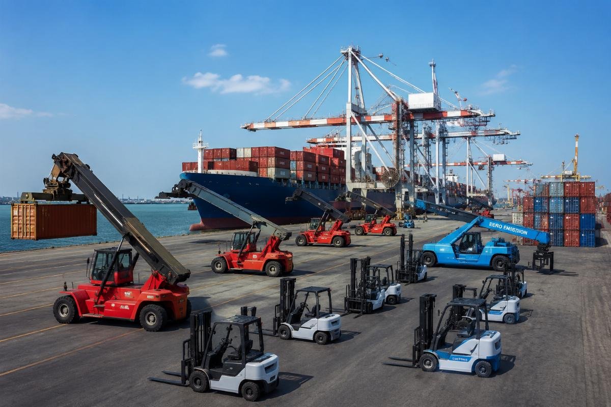 Fleet of custom container handlers and electric forklifts deployed at a working seaport