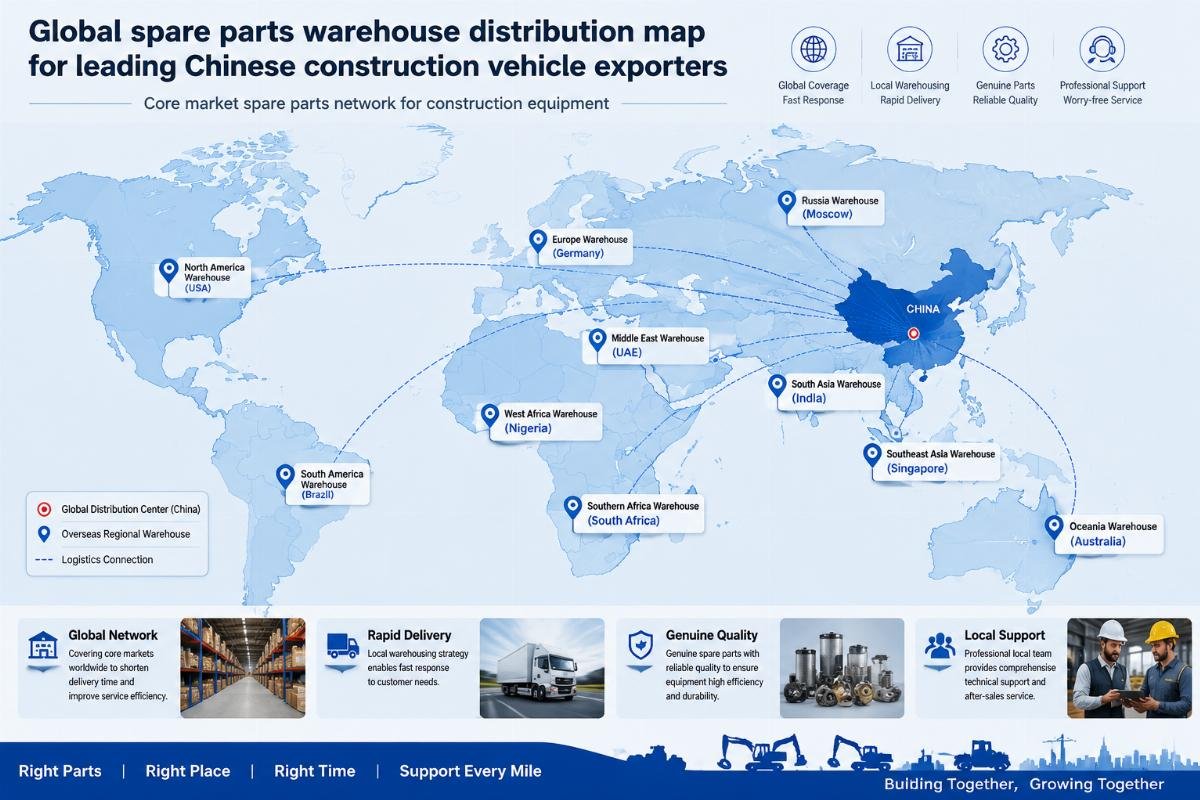 Core market spare parts network for construction equipment Global spare parts warehouse distribution map for leading Chinese construction vehicle exporters
