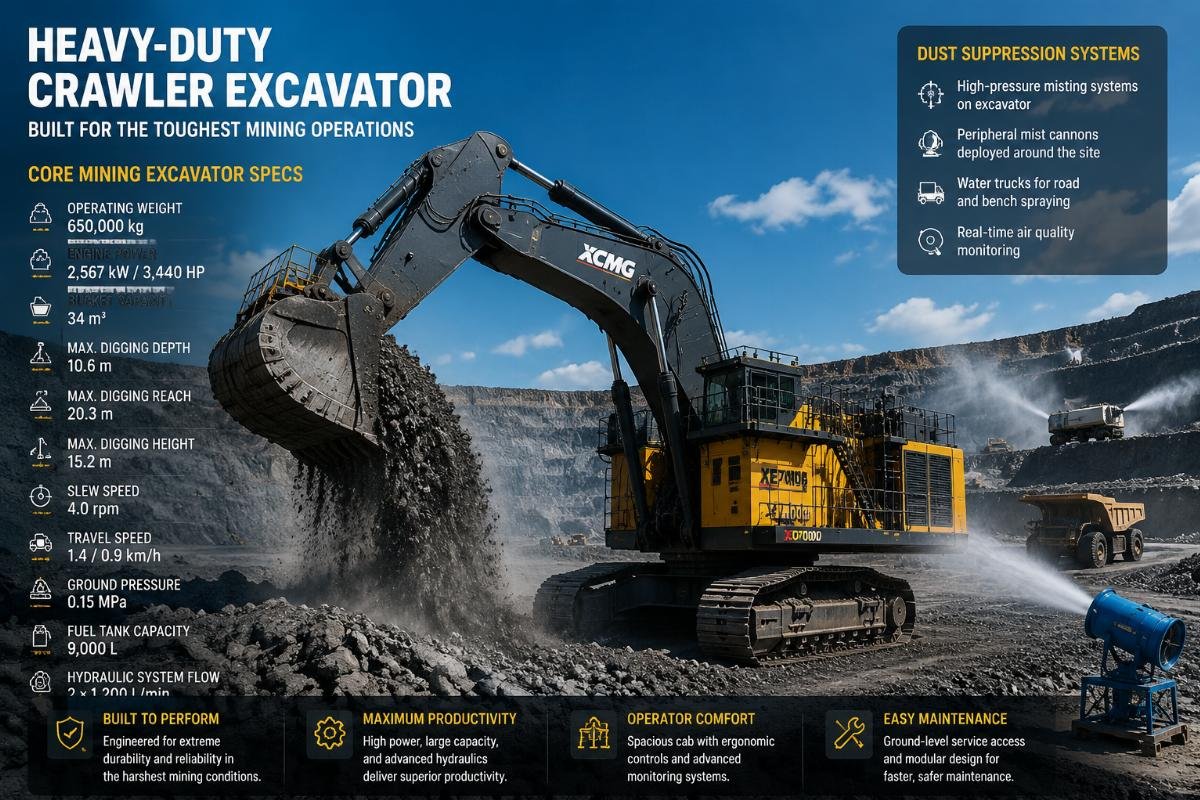 Heavy-duty crawler excavator operating in an open-pit mine with dust suppression systems in place