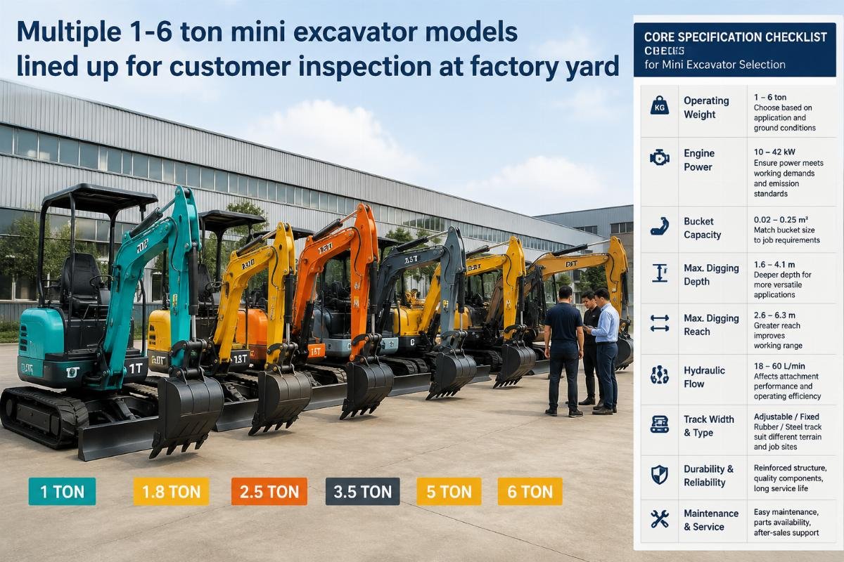 core specification checklist for mini excavator selection Multiple 1-6 ton mini excavator models lined up for customer inspection at factory yard