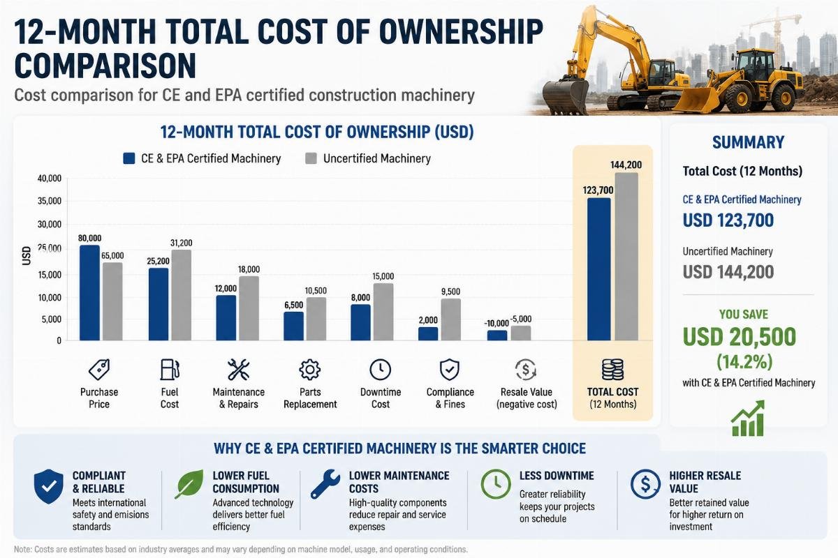 12-month total cost of ownership comparison for certified and uncertified construction machinery