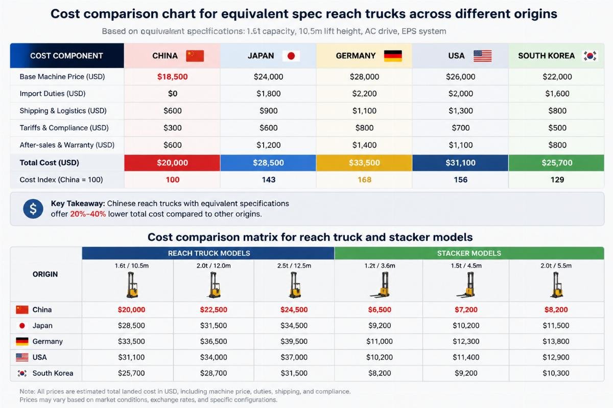 Cost comparison chart for equivalent spec reach trucks across different origins