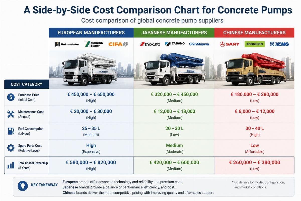 A side-by-side cost comparison chart for concrete pumps from European, Japanese, and Chinese manufacturers