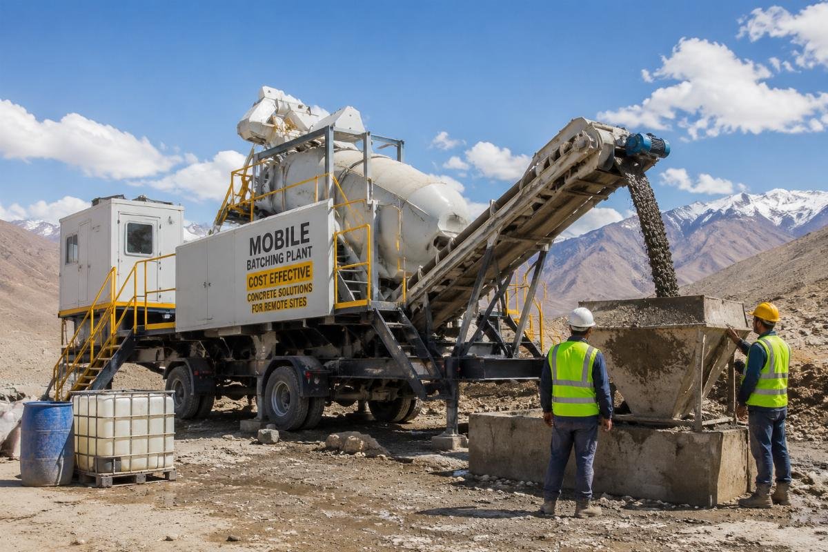 A mobile batching plant operating at a remote construction site with staff checking output levels
