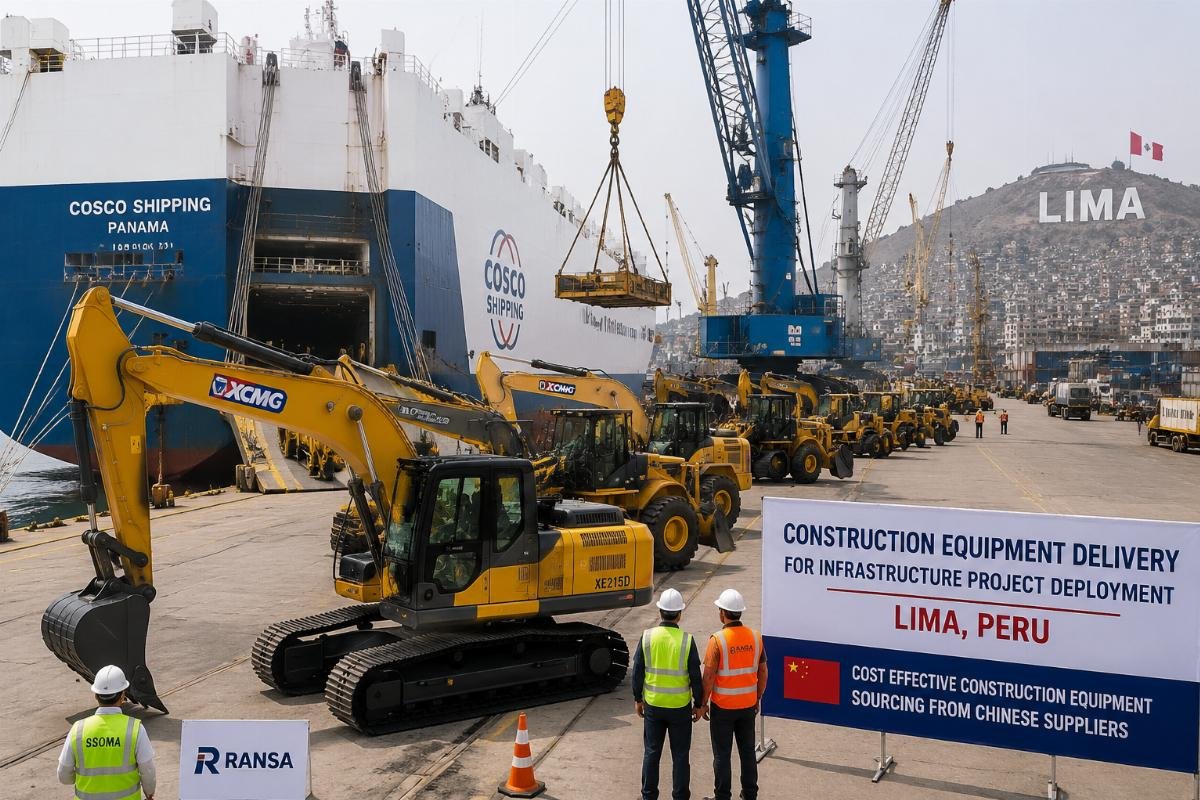 Cost effective construction equipment sourcing from Chinese suppliers Construction equipment delivery staged at a port in Lima, Peru for infrastructure project deployment