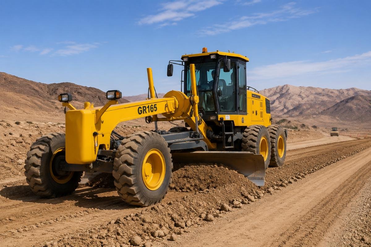 cost-effective motor grader for road projects Motor grader operating on a desert road construction site