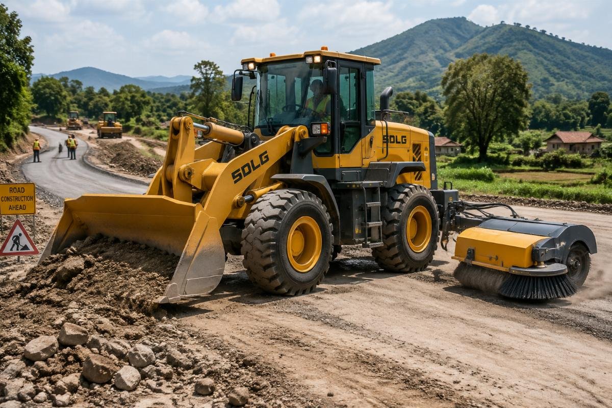 Wheel loader with matched bucket and sweeper attachment operating on a rural road construction site