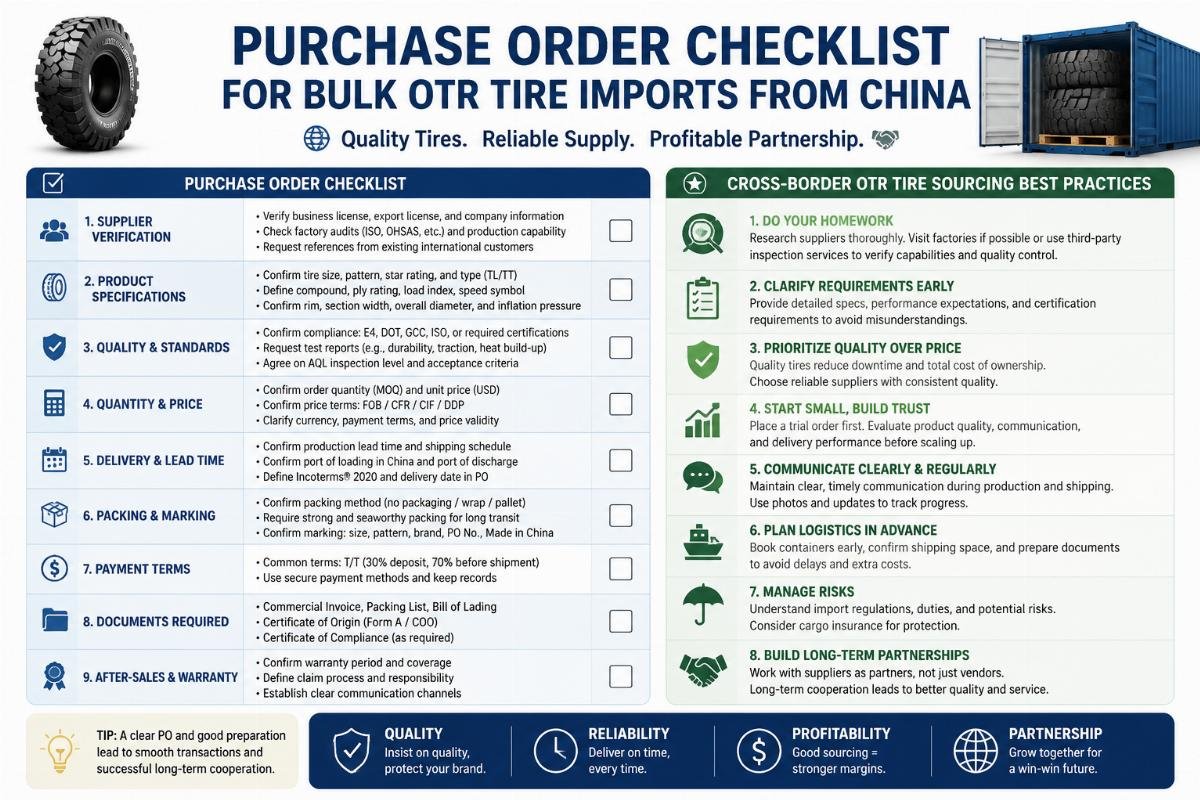 Purchase order checklist for bulk OTR tire imports from China