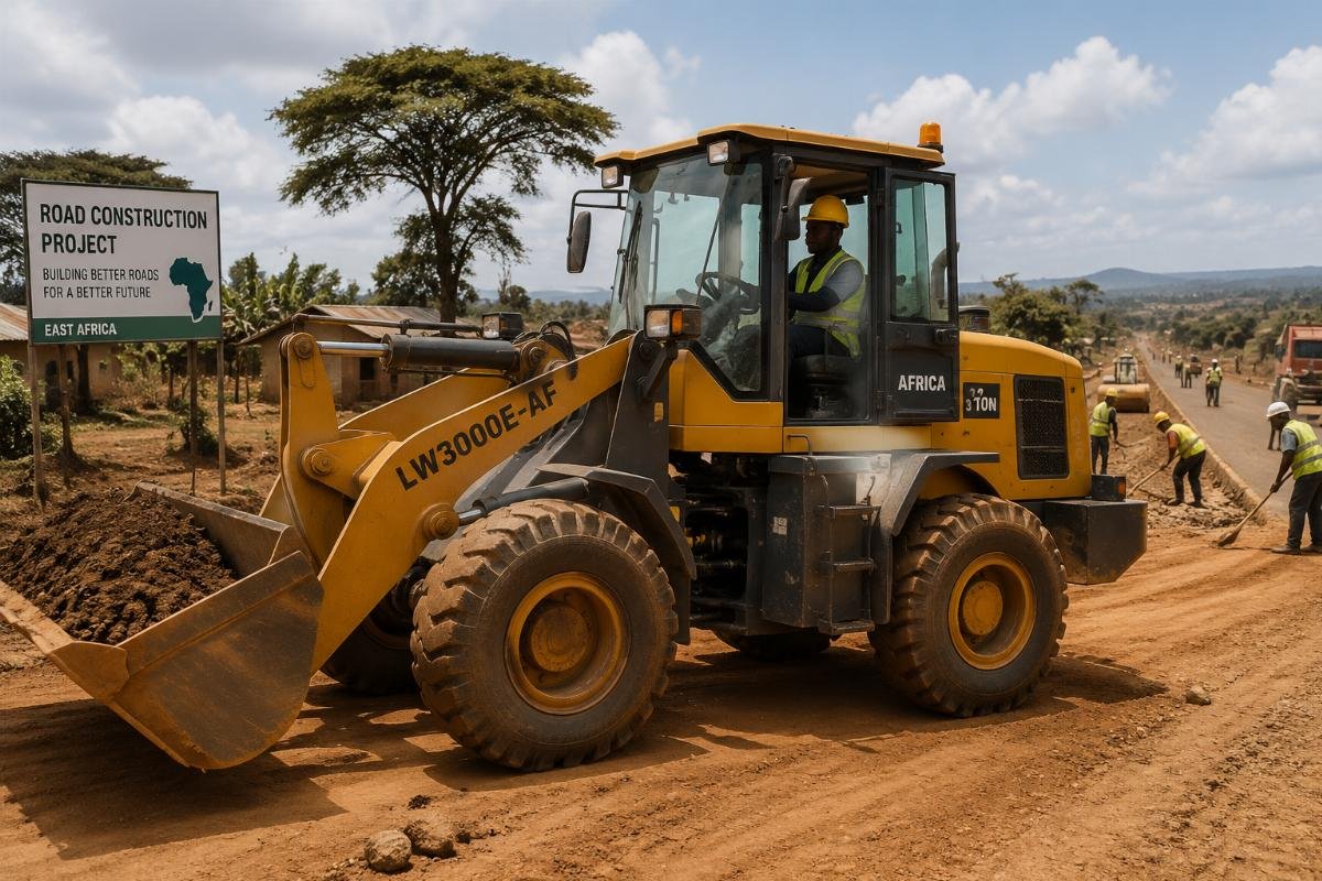 Customized Chinese wheel loader on a road construction site in East Africa