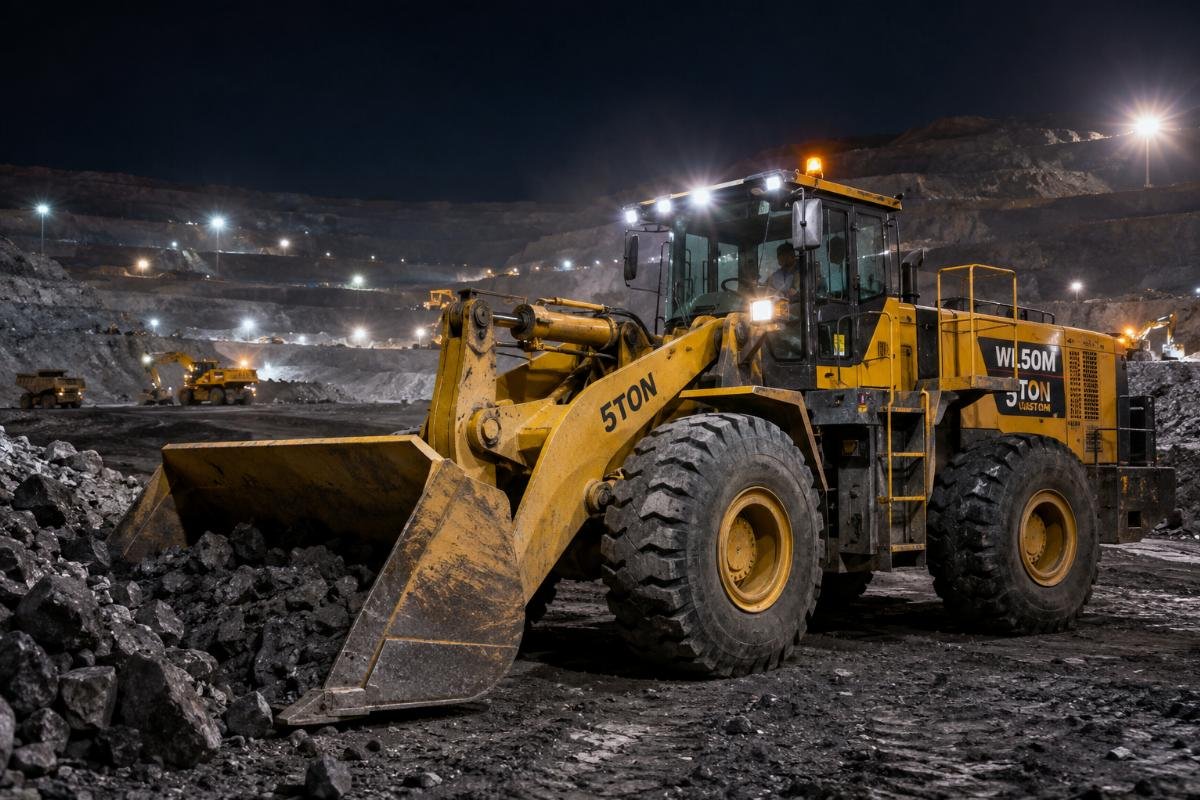 A customized 5-ton wheel loader operating at a 24-hour open-pit mining site