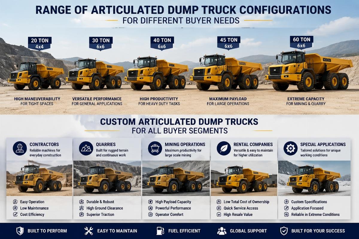 Custom articulated dump trucks for all buyer segments Range of articulated dump truck configurations for different buyer needs