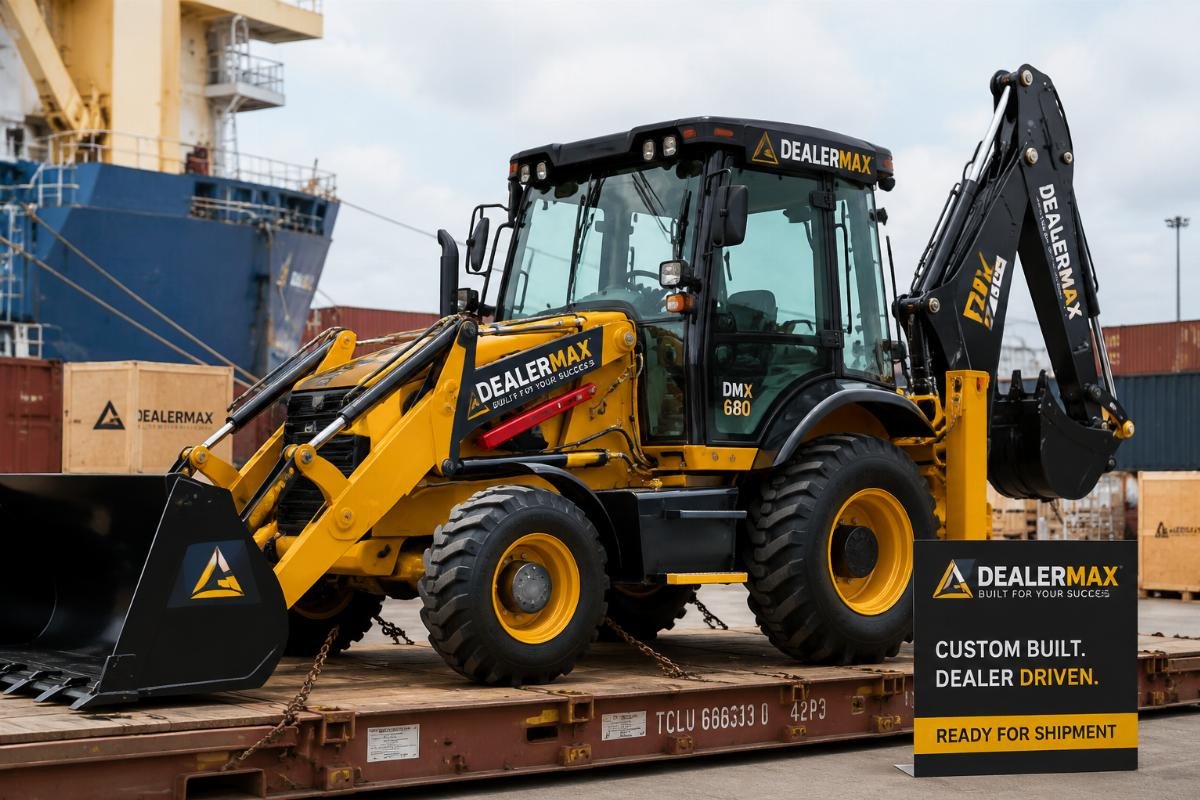 Backhoe loader with custom dealer branding staged for shipment