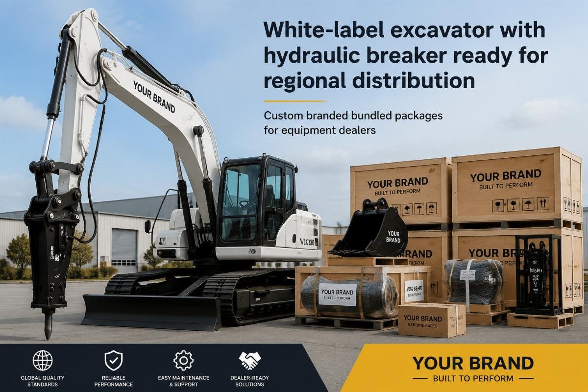Custom branded bundled packages for equipment dealers White-label excavator with hydraulic breaker ready for regional distribution