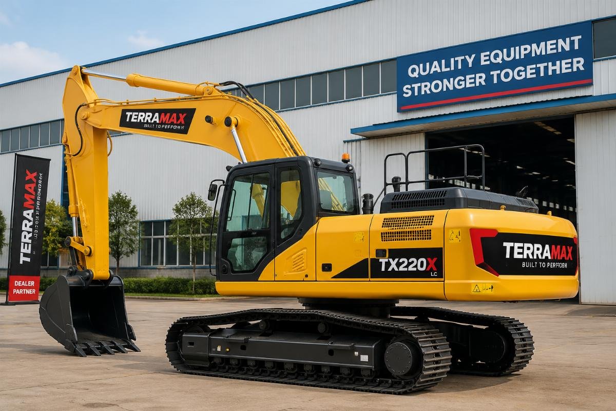 A 22 ton crawler excavator with custom dealer branding staged at a supplier factory