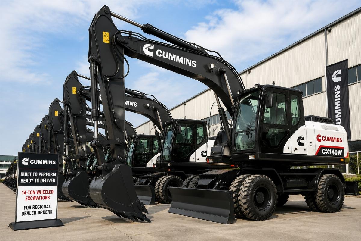 Custom branded Cummins excavators ready for regional dealer distribution Custom branded 14-ton wheeled Cummins engine excavators lined up for a regional dealer order