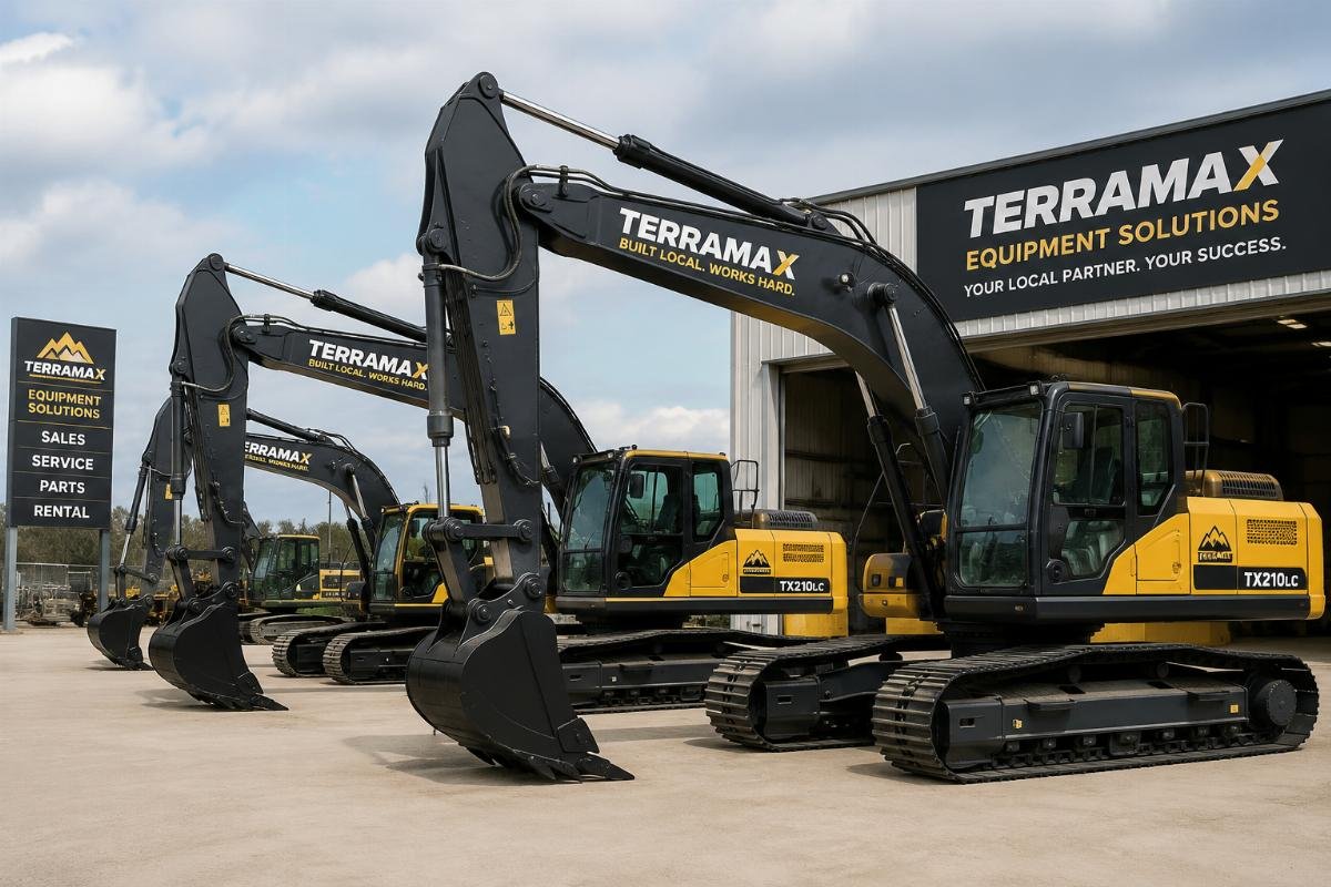 Three excavators with custom local brand livery staged at a distributor storage yard