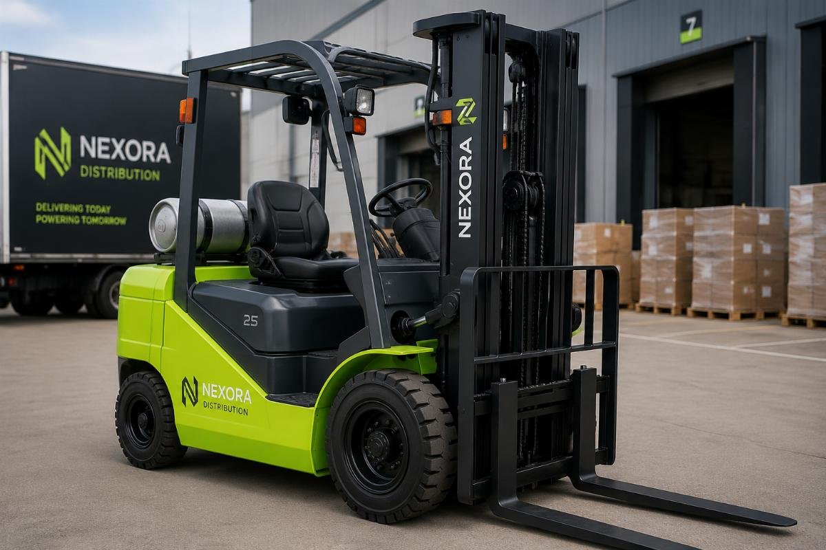 A LPG forklift unit with custom brand logo and unique exterior color