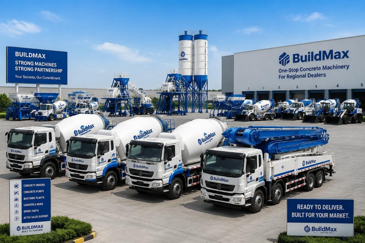 Fleet of custom-branded concrete machinery staged for regional distribution