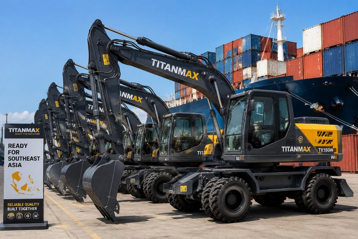 Custom branded rubber tire excavators ready for delivery A batch of custom-branded wheel excavators staged for container shipping to Southeast Asia