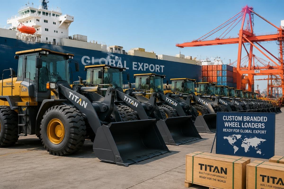 Custom branded wheel loaders staged at a port ready for export