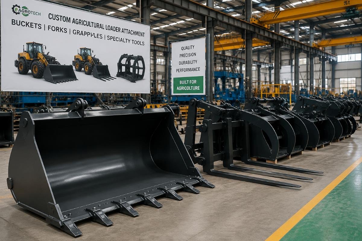 Custom agricultural loader attachment set at a manufacturer production facility