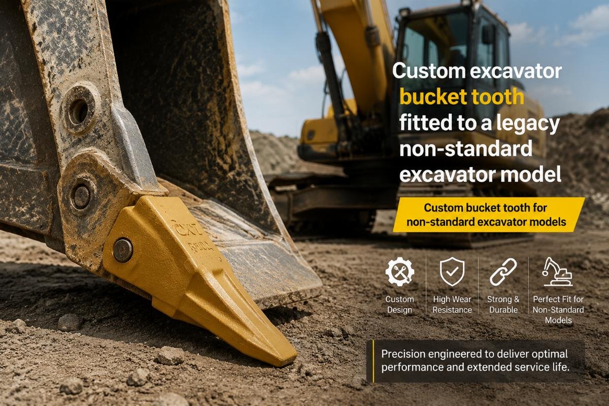 Custom excavator bucket tooth fitted to a legacy non-standard excavator model