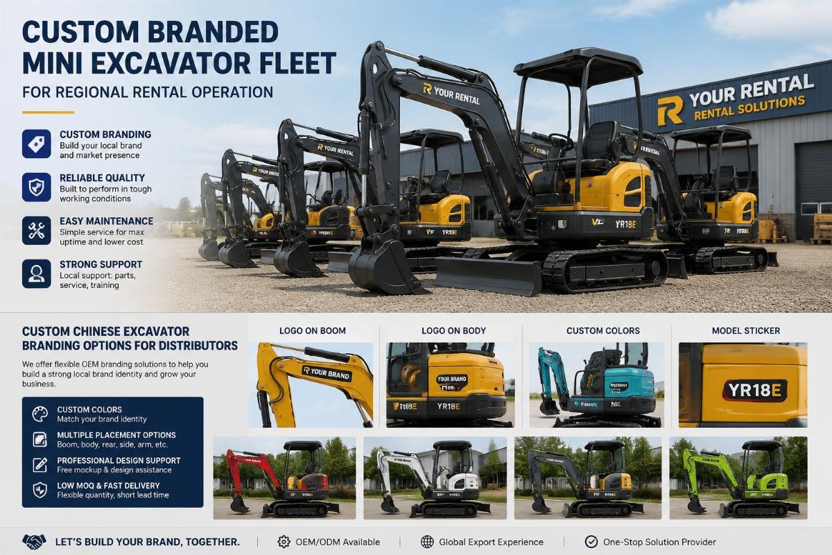 Custom branded mini excavator fleet for regional rental operation