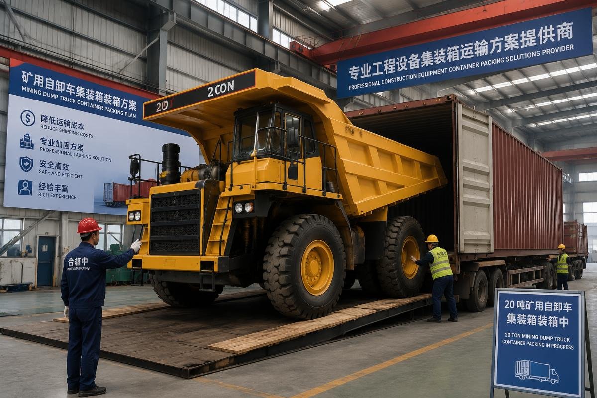 A 20-ton mining dump truck being prepared for consolidated container packing at a Chinese factory warehouse