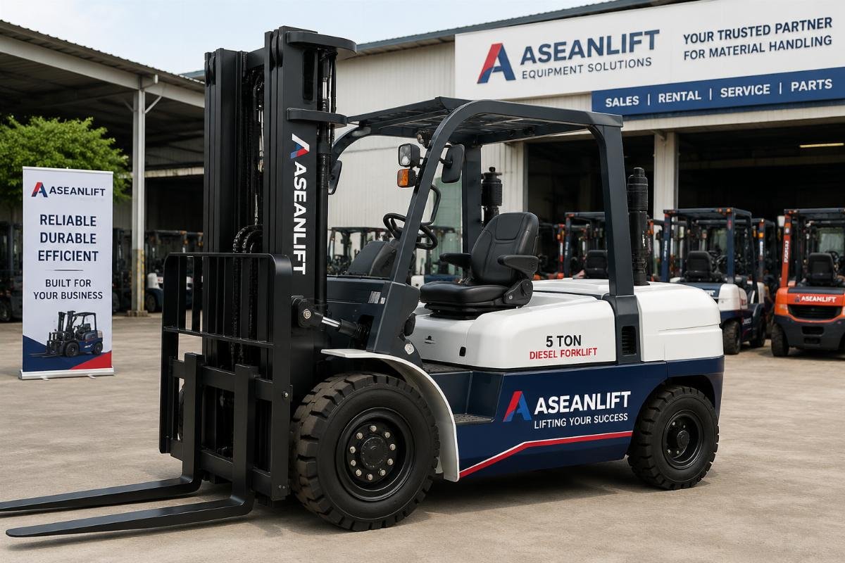 custom diesel forklift OEM for distributors Custom branded 5 ton diesel forklift in a Southeast Asian equipment distributor yard
