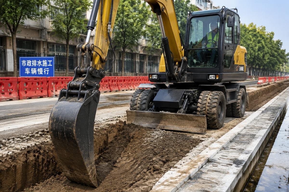Custom-fit excavator bucket mounted to a wheeled excavator for urban drainage works