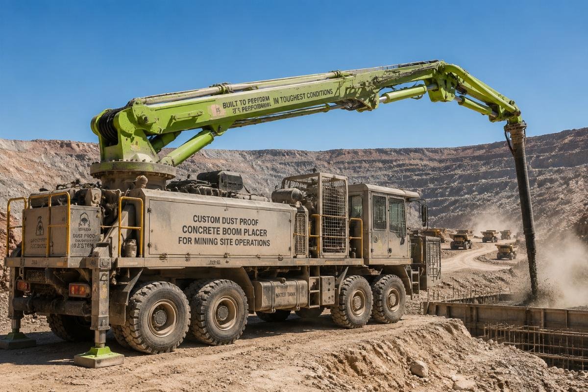 custom dust proof concrete boom placer for mining site operations Custom configured concrete boom placer operating in a hot, dusty mining site environment
