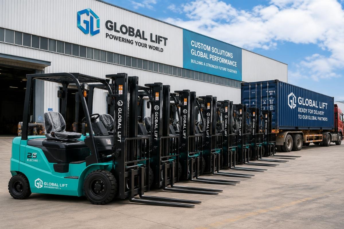 A batch of custom branded electric forklifts ready for delivery to a global dealer