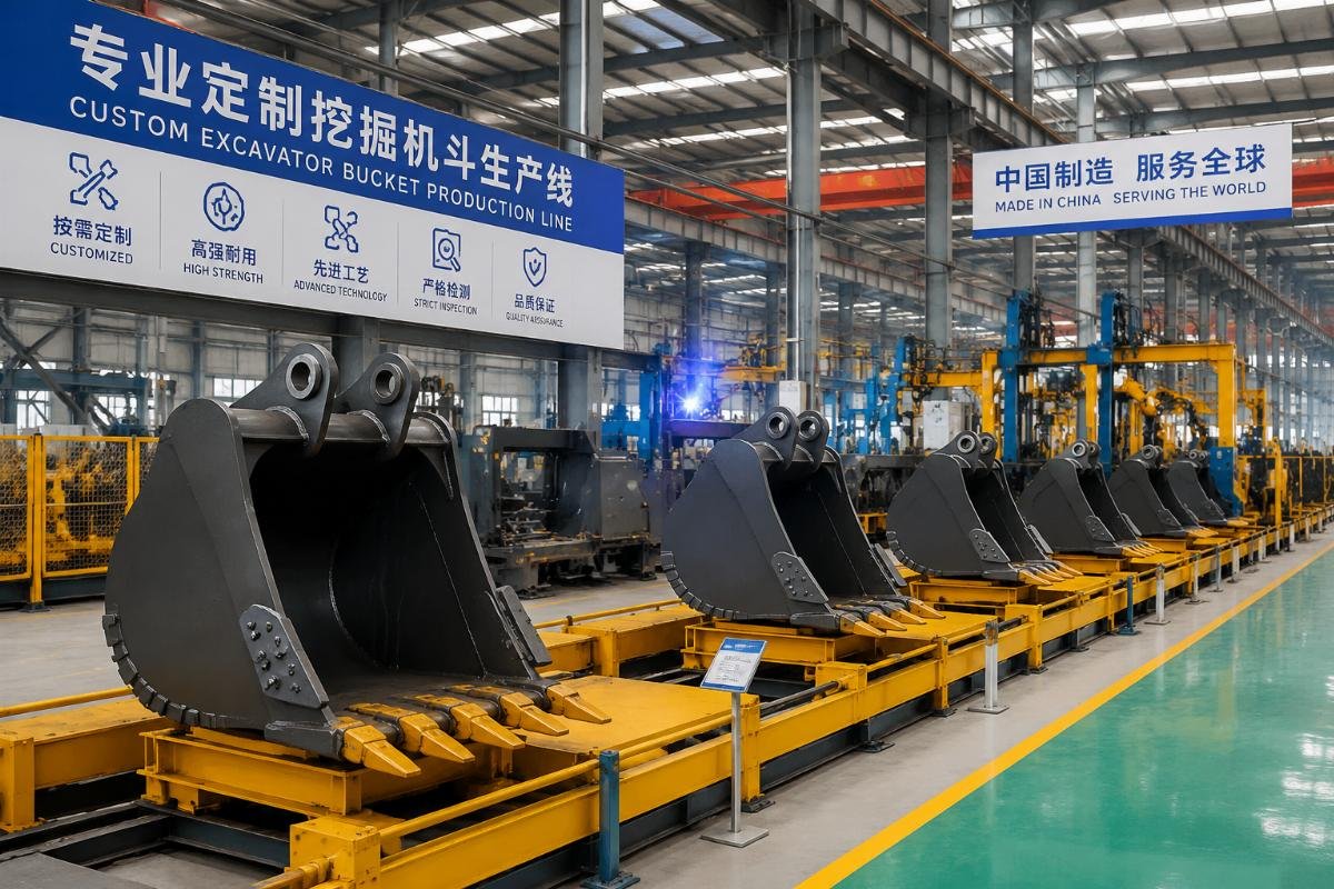 Custom excavator bucket manufacturing facility in China Chinese OEM production facility showing custom excavator bucket assembly lines