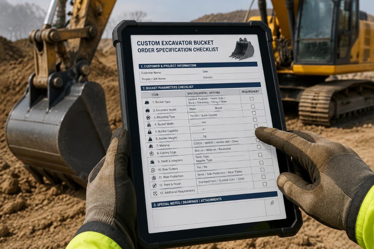 Custom excavator bucket parameter checklist Custom excavator bucket order specification checklist displayed on a worksite tablet