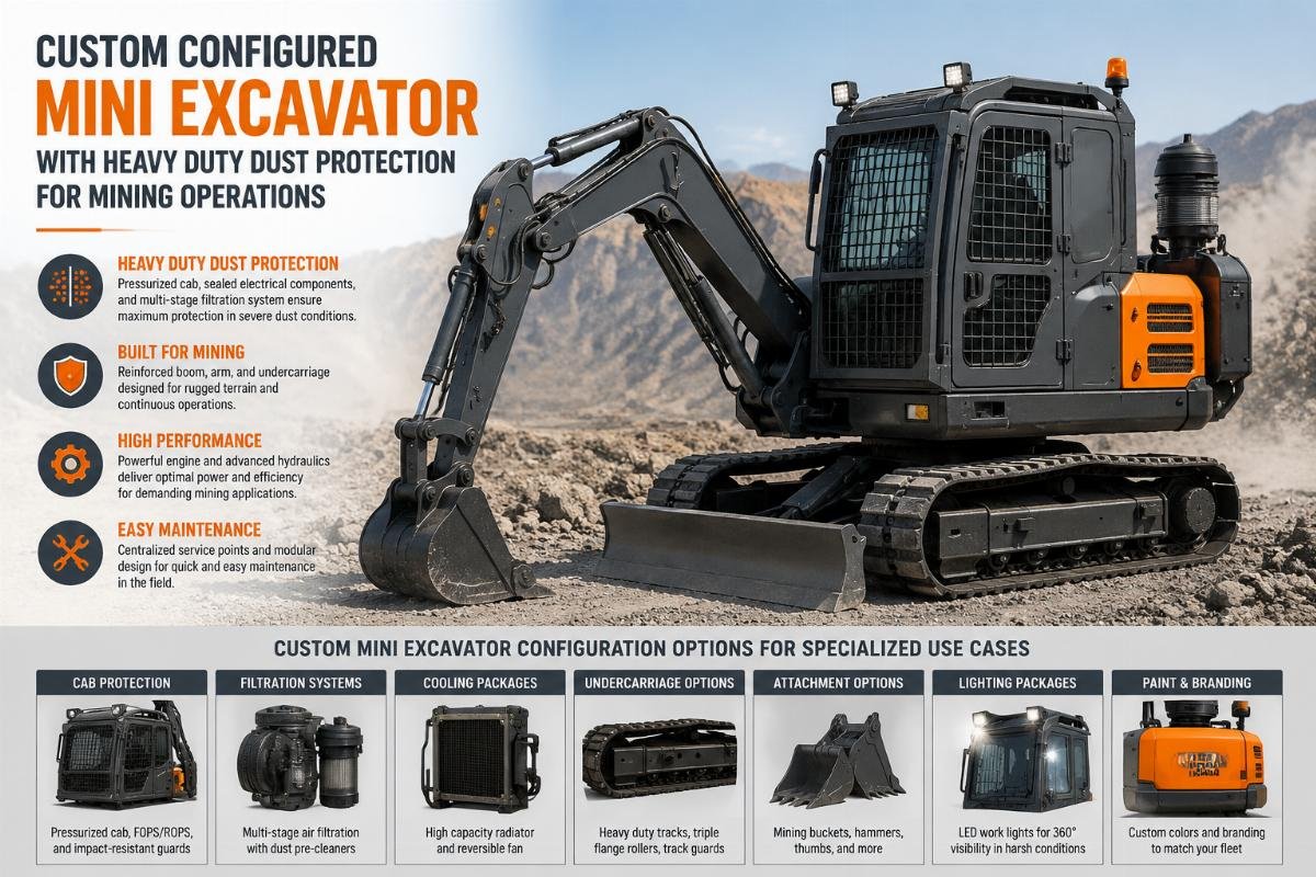 custom mini excavator configuration options for specialized use cases Custom configured mini excavator with heavy duty dust protection for mining operations