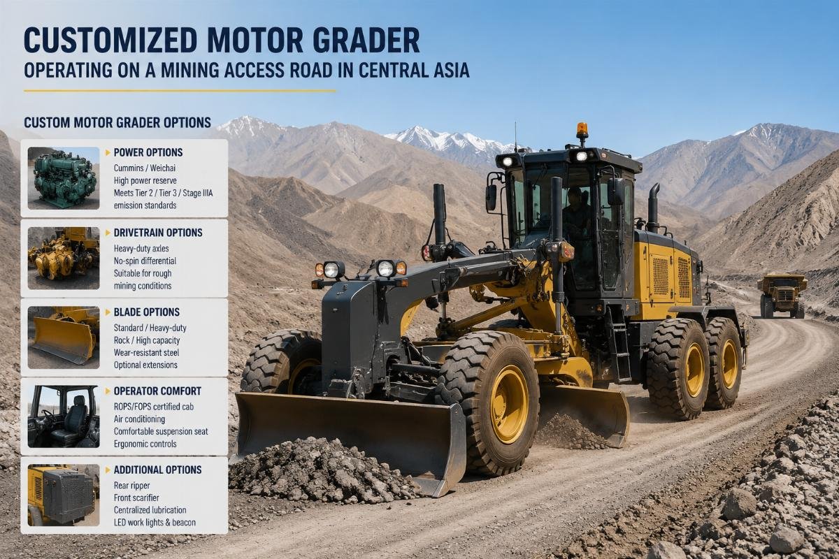 custom motor grader options Customized motor grader operating on a mining access road in Central Asia