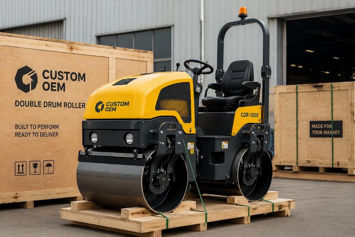 A custom-branded double drum vibratory roller ready for shipping to a regional distributor