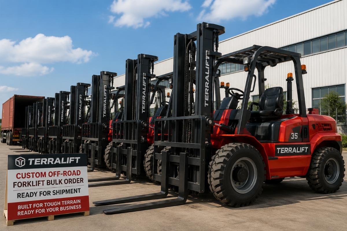 A fleet of custom branded rough terrain forklifts ready for delivery to a regional distributor