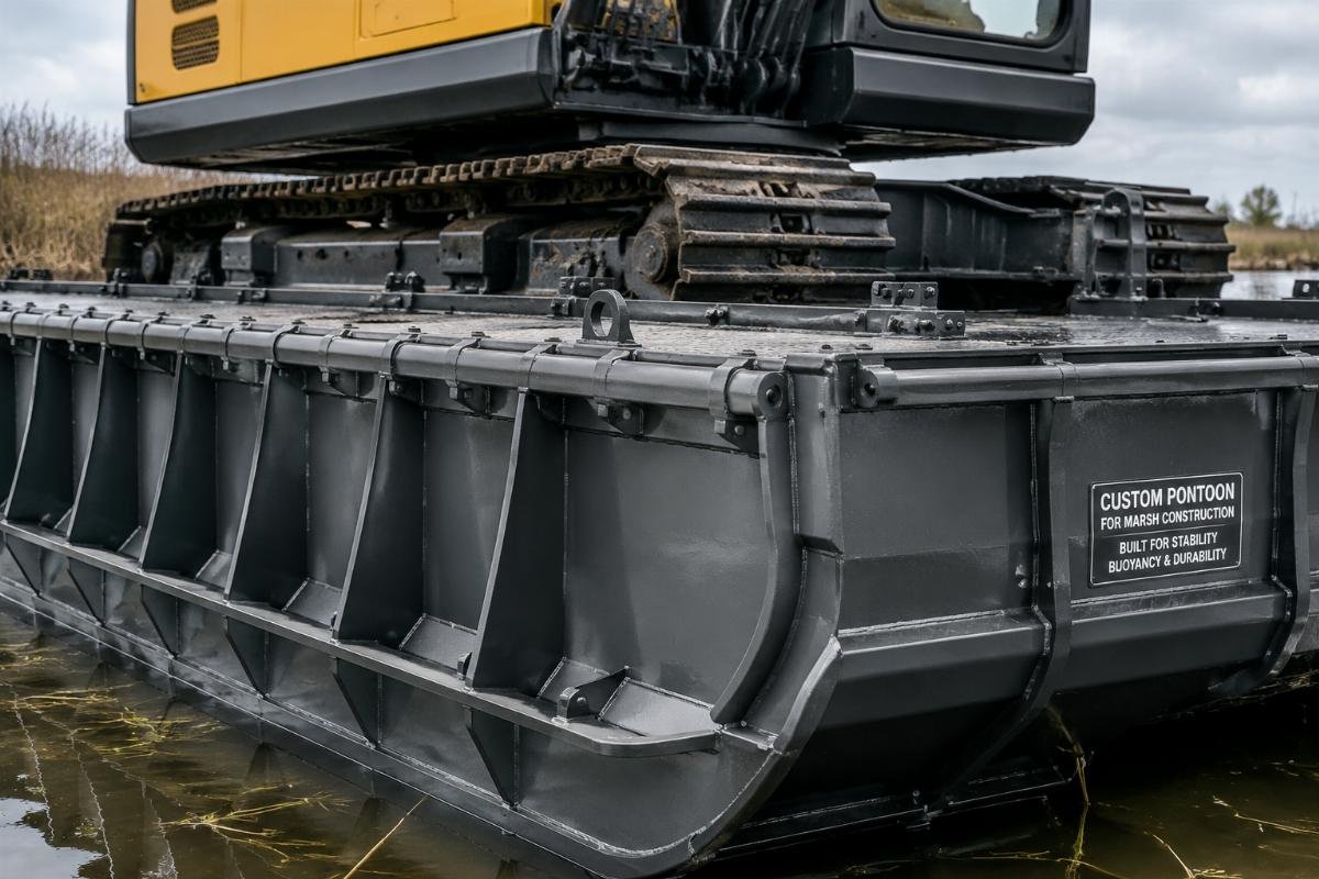 Custom pontoon for marsh construction Amphibious excavator pontoon structure detail close-up