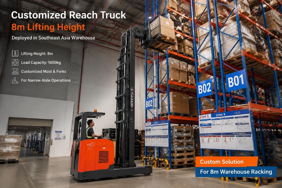 Customized reach truck with 8m lifting height deployed in Southeast Asia warehouse
