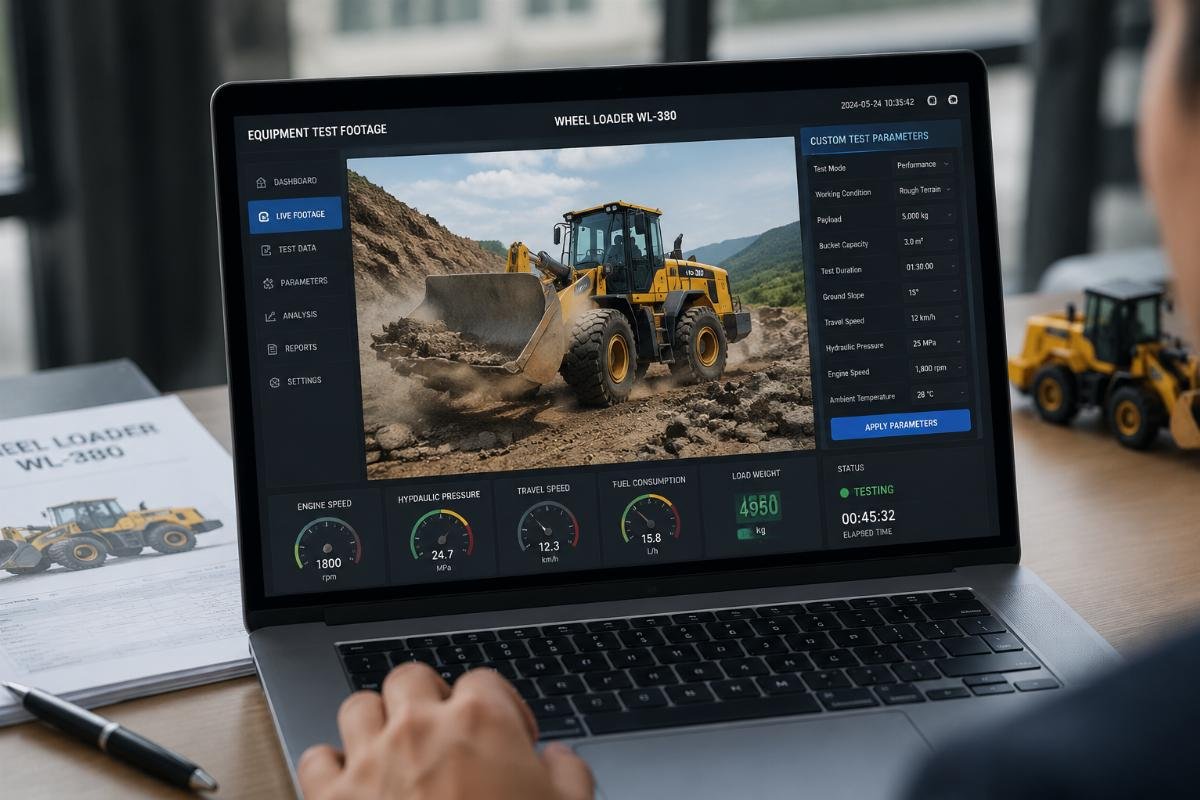 Equipment test footage displayed on a buyer’s laptop showing a wheel loader operating on rough terrain