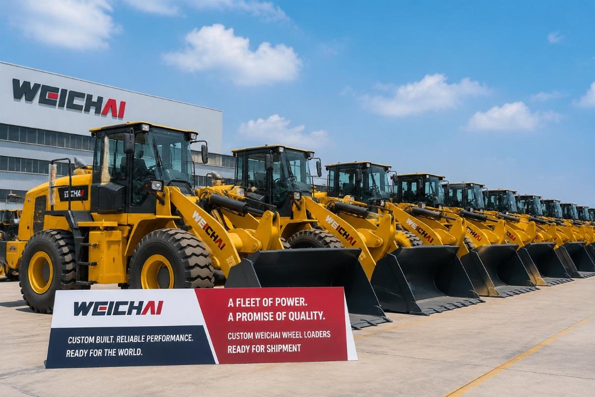 A fleet of custom branded Weichai engine wheel loaders ready for shipment