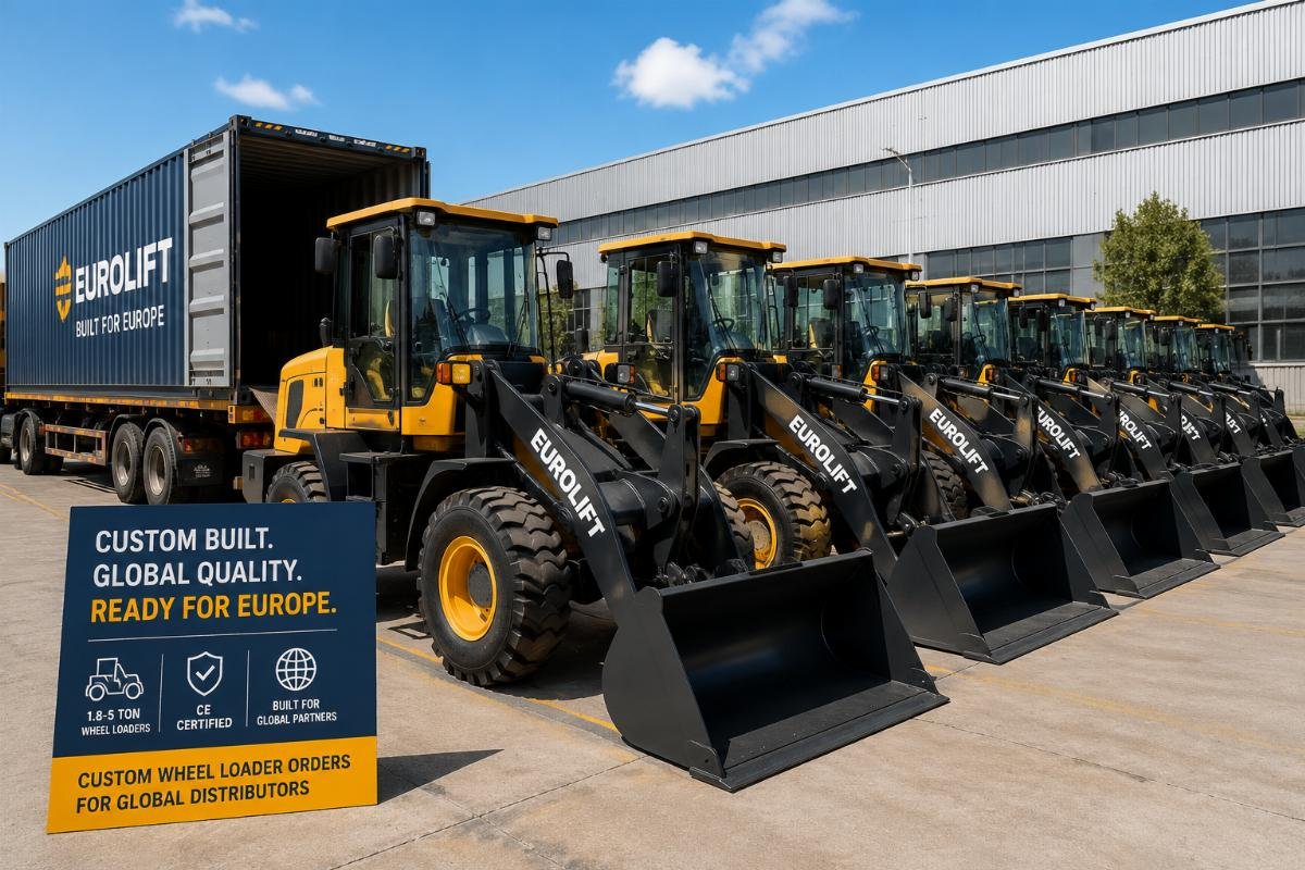 A batch of custom branded 1.8-5 ton wheel loaders ready for shipment to a European distributor