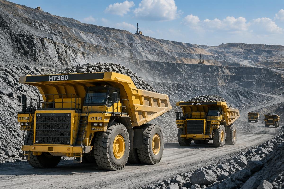 Heavy-duty mining dump trucks operating at an open-pit quarry site