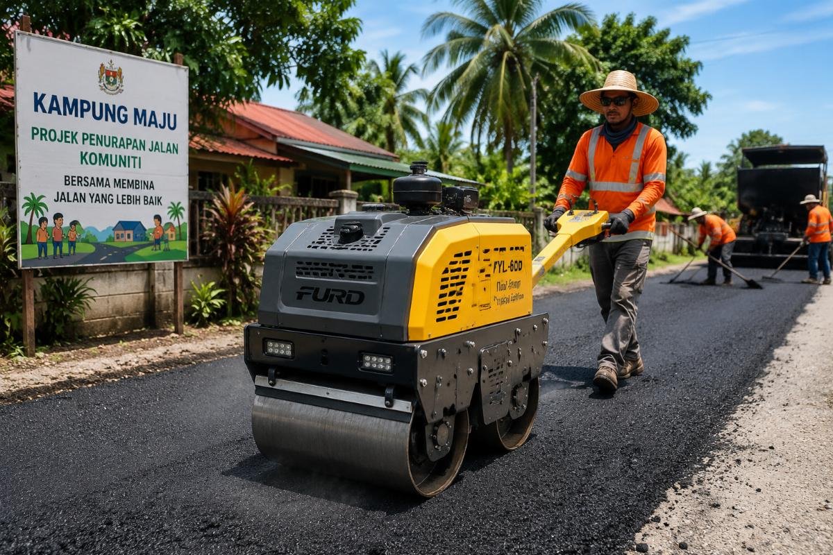 A mini walk-behind roller being used for a community road resurfacing project in tropical climate