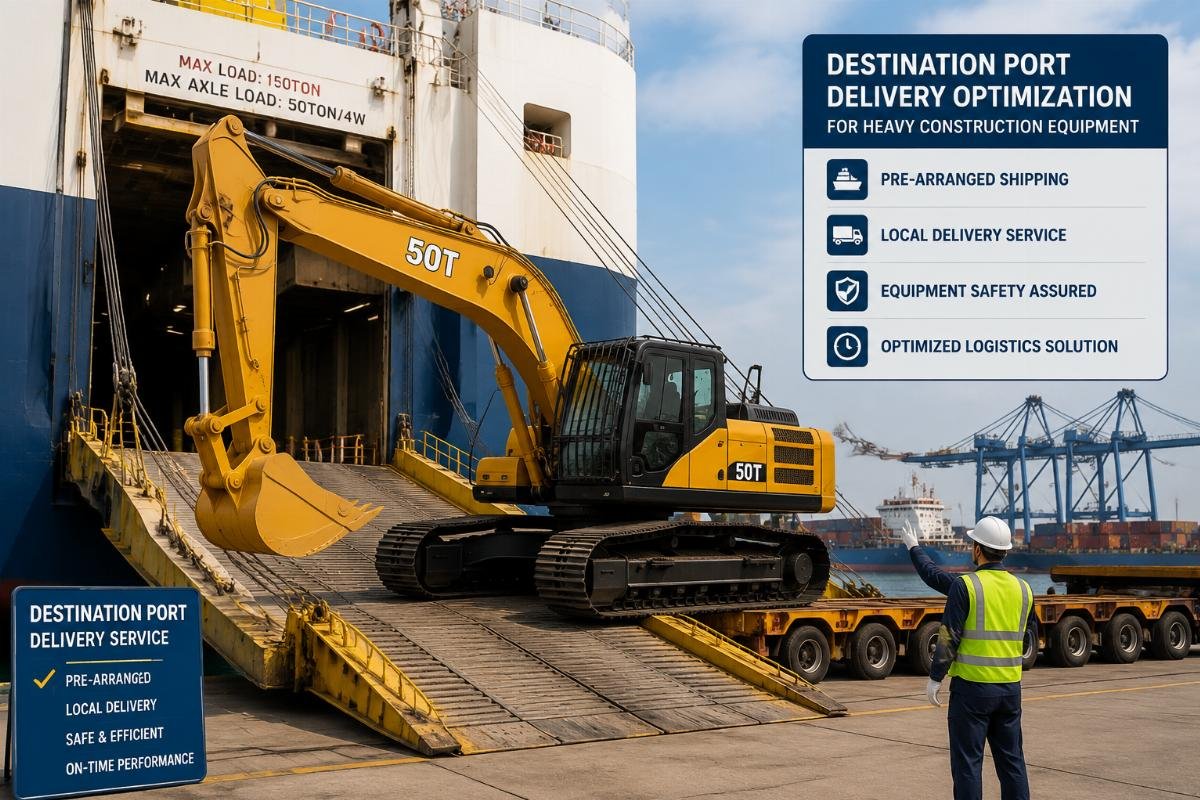 A 50-ton crawler excavator being unloaded at a destination port via pre-arranged local delivery service
