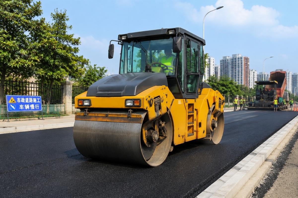 A double drum vibratory roller operating on a fresh asphalt layer at a municipal road construction site