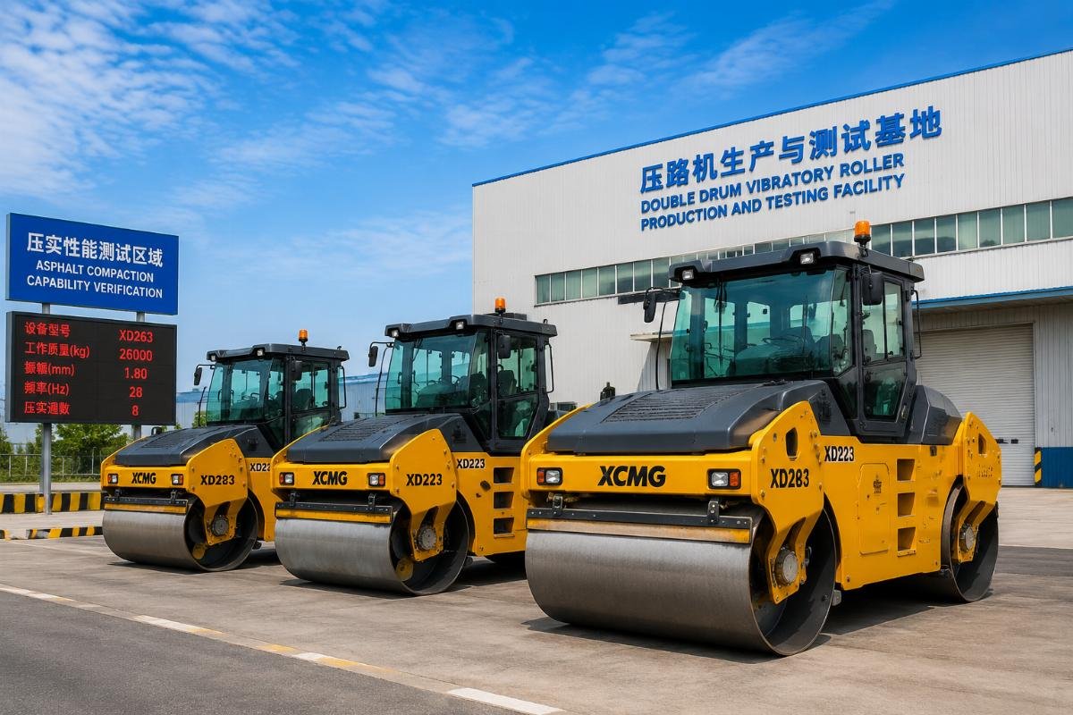 A fleet of 3-26 ton double drum vibratory rollers lined up at a manufacturer's testing yard for asphalt compaction capability verification